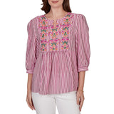 Ruby Rd. Womens Embroidered Placket Stripe Blouse