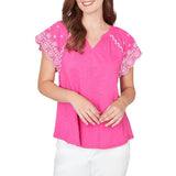 Ruby Rd. Womens Embroidered Sleeve Slub Knit Short Sleeve T-Shirt