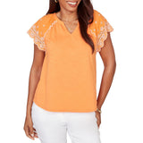 Ruby Rd. Womens Embroidered Sleeve Slub Knit Short Sleeve T-Shirt