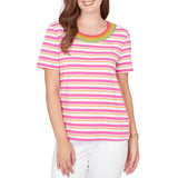Ruby Rd. Womens Crochet Neck Stripe Knit Short Sleeve T-Shirt