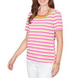 Ruby Rd. Womens Crochet Neck Stripe Knit Short Sleeve T-Shirt