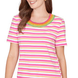 Ruby Rd. Womens Crochet Neck Stripe Knit Short Sleeve T-Shirt