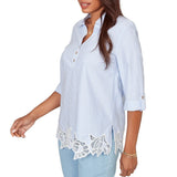 Ruby Rd. Womens Coastal Stripe Lace-Hem Henley Top