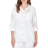 Ruby Rd. Womens Patchwork Eyelet Roll-Tab Sleeve Top