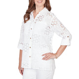 Ruby Rd. Womens Patchwork Eyelet Roll-Tab Sleeve Top