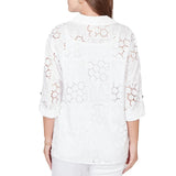 Ruby Rd. Womens Patchwork Eyelet Roll-Tab Sleeve Top