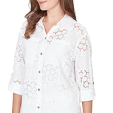 Ruby Rd. Womens Patchwork Eyelet Roll-Tab Sleeve Top