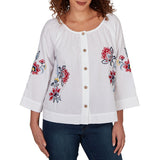 Ruby Rd. Womens Floral Embroidered Poplin Button Front Top