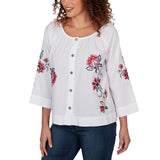 Ruby Rd. Womens Floral Embroidered Poplin Button Front Top