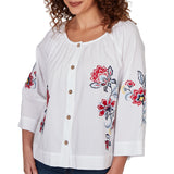 Ruby Rd. Womens Floral Embroidered Poplin Button Front Top