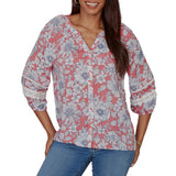 Ruby Rd. Womens Floral Silky Gauze Peasant Button Front Top