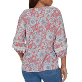 Ruby Rd. Womens Floral Silky Gauze Peasant Button Front Top