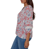 Ruby Rd. Womens Floral Silky Gauze Peasant Button Front Top