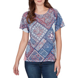 Ruby Rd. Womens Patchwork Shirred Scoop Neck Short Sleeve T-Shirt