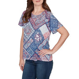 Ruby Rd. Womens Patchwork Shirred Scoop Neck Short Sleeve T-Shirt