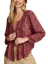 Lucky Brand Womens Printed Button Down Pintuck Top - Rum Raisin