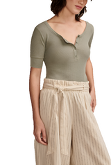 Lucky Brand Womens Ribbed Henley Short Sleeve T-Shirt - Four Leaf Clover