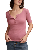 Lucky Brand Womens Ribbed Henley Short Sleeve T-Shirt - Red Violet