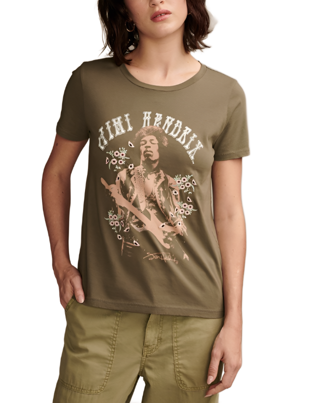 Lucky Brand Womens Jimi Hendrix Floral Portrait Classic Crew Neck Short Sleeve T-Shirt - Deep Depths