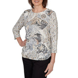 Alfred Dunner Womens Geo Leaf Patchwork Knit Top
