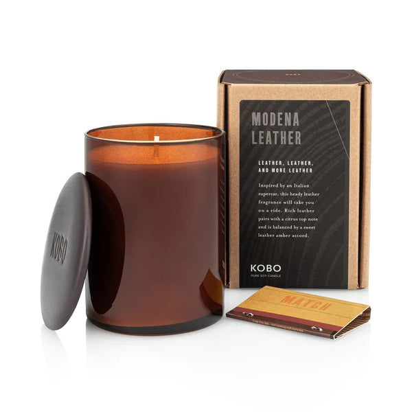 KOBO Modena Leather Woodblock Pure Soy Candle - 15 oz.