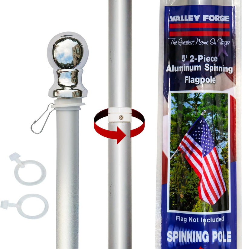 Valley Forge Flag 2-Piece 5' ft Brushed Aluminum Flagpole with Mounting Hardware and Spinning Technology