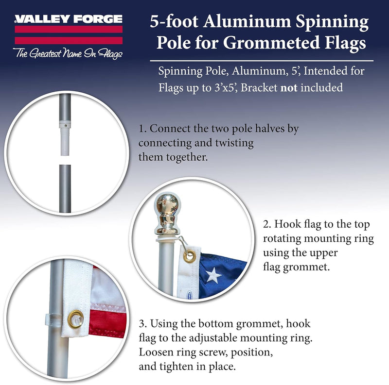 Valley Forge Flag 2-Piece 5' ft Brushed Aluminum Flagpole with Mounting Hardware and Spinning Technology