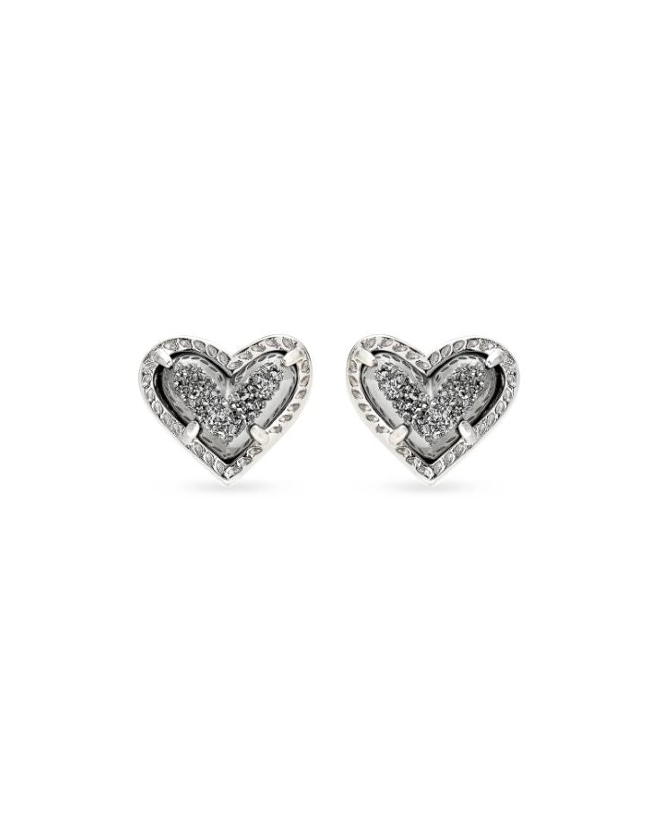 Kendra Scott Ari Heart Stud Earrings - Platinum Drusy, Rhodium Plated