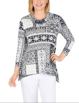 Ruby Rd. Womens 3/4 Sleeve Patchwork Cowl Neck Top