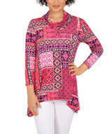 Ruby Rd. Womens 3/4 Sleeve Patchwork Cowl Neck Top