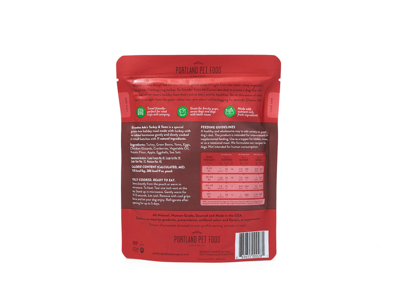 Portland Pet Food Company Grandma Ada's Turkey & Yams Homestyle Dog Meal Pouch - 9 oz.