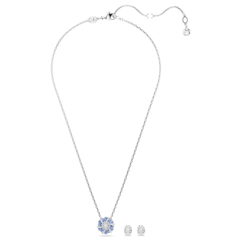 Swarovski Idyllia Earrings & Necklace Set - Mixed cuts, Flower, Blue, Rhodium Plated