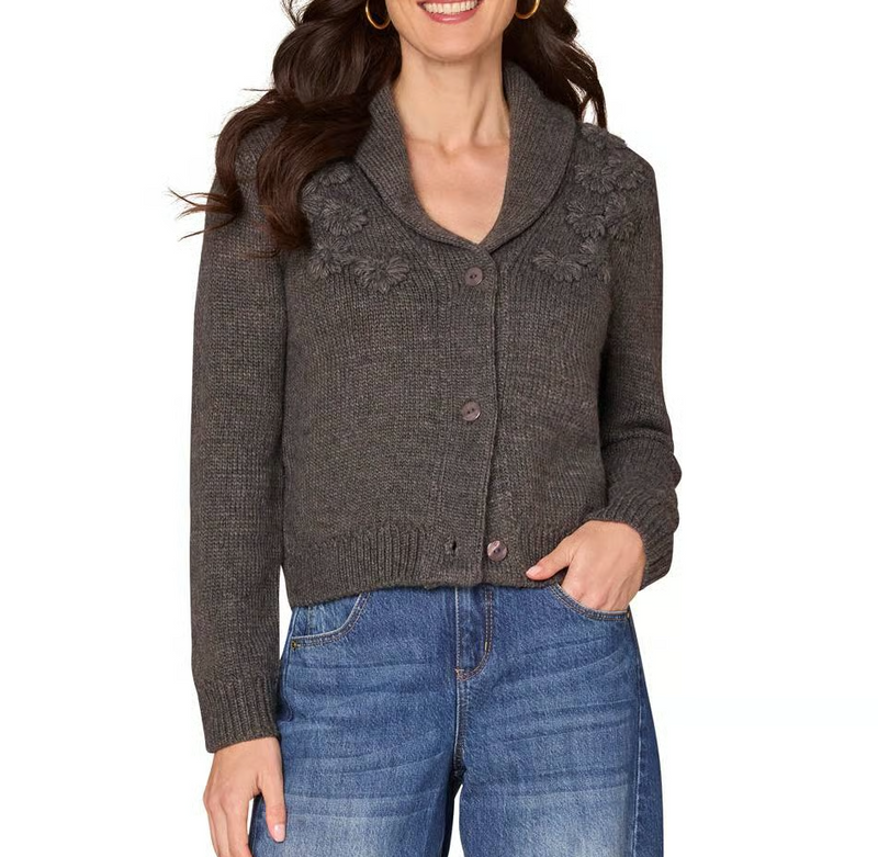 Democracy Womens Long Sleeve Shawl Collar Button Down Embroidered Sweater Cardigan