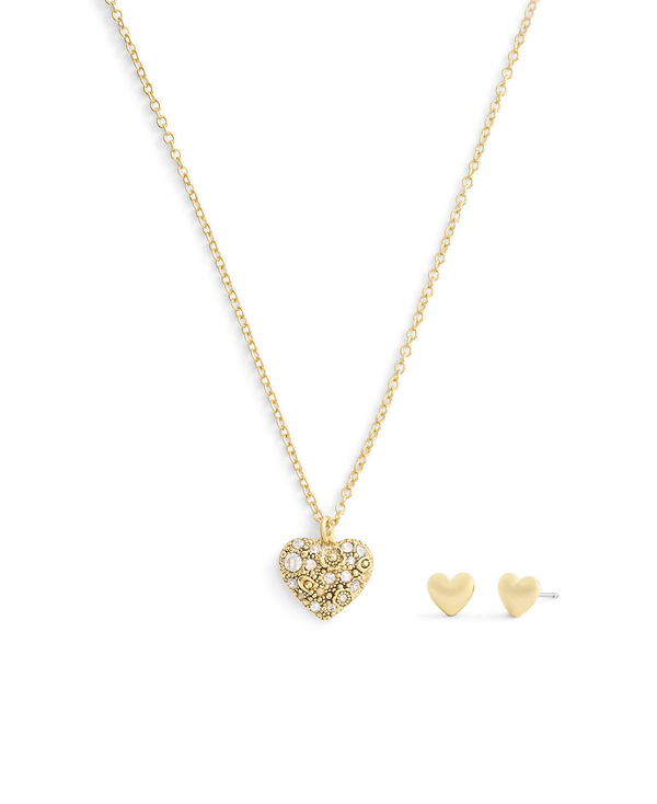 COACH Gold Pavé Heart Necklace & Earrings Boxed Jewelry Set