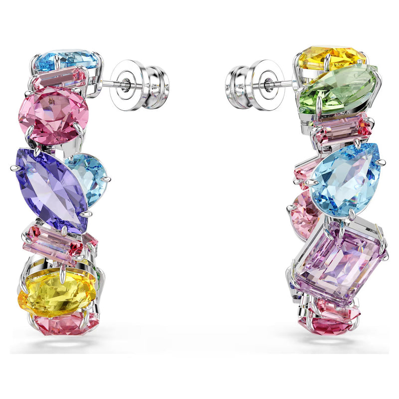 Swarovski Gema Hoop Earrings - Asymmetrical design, Mixed Cuts, Small, Multicolored, Rhodium Plated