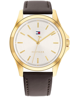 Tommy Hilfiger Mens Bruce 42mm Gold-Plated Brown Leather Strap Watch