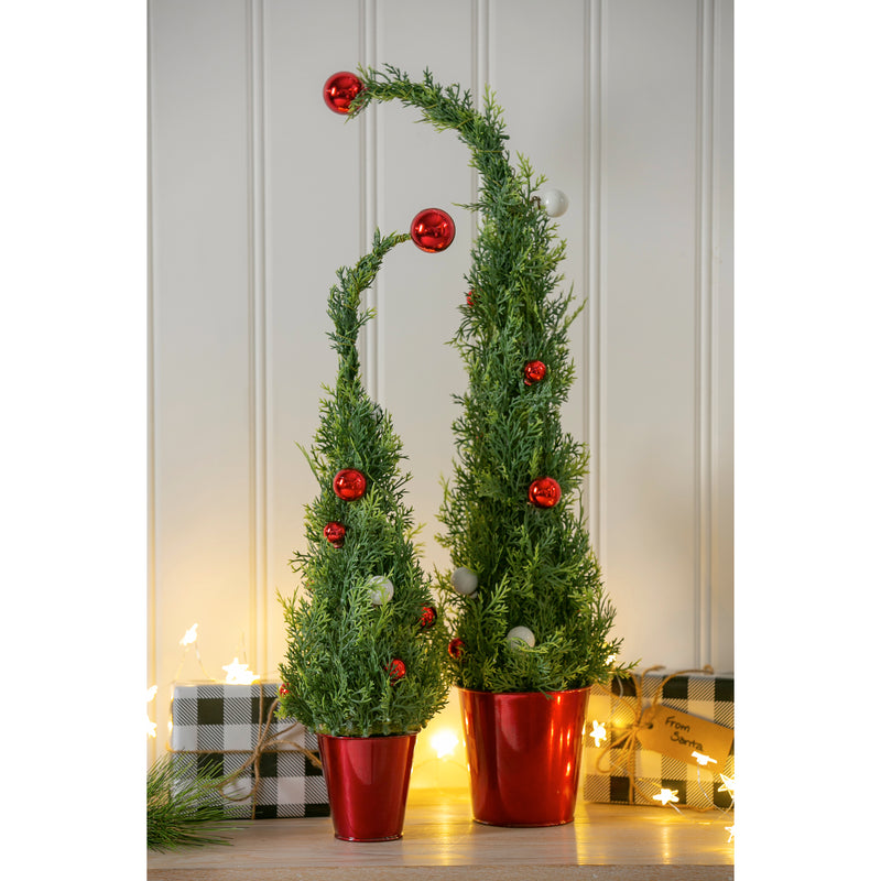 Evergreen Holiday Tree with Ornaments in Red Metal Pot - Set of 2
