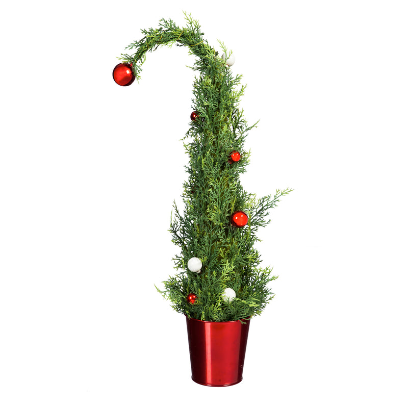 Evergreen Holiday Tree with Ornaments in Red Metal Pot - Set of 2