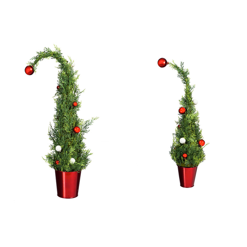 Evergreen Holiday Tree with Ornaments in Red Metal Pot - Set of 2