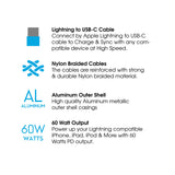 Phonesuit Novo Pro Lightning to USB C Cable - 60 Watt Fast Charger - 6ft