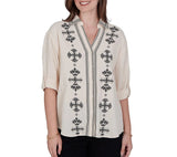 Ruby Road Womens Embroidered Gauze Button Front 3/4 Sleeve Top
