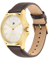 Tommy Hilfiger Mens Bruce 42mm Gold-Plated Brown Leather Strap Watch