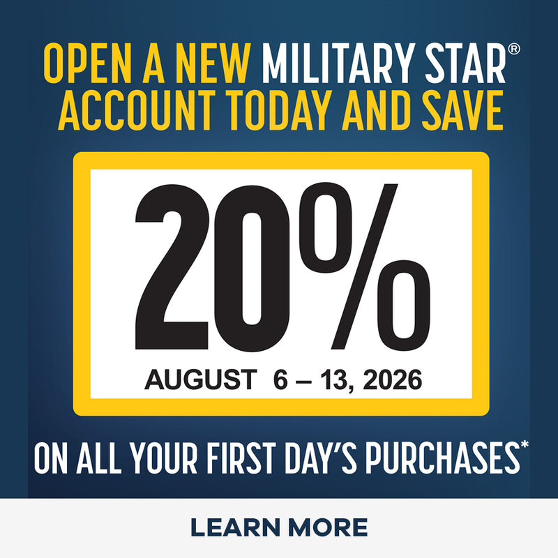 Promotional graphic for Military Star offering a 20% discount on all first-day purchases from August 6 to August 13, 2026. The design features a dark blue background with yellow and white text, a central white square with a yellow border displaying '20%' in bold black text, and a light gray footer with 'LEARN MORE'.