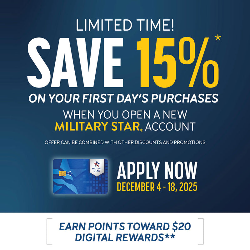 Promotional banner for saving 15% on purchases with a new Military Star account, valid from December 4 to 18, 2025.