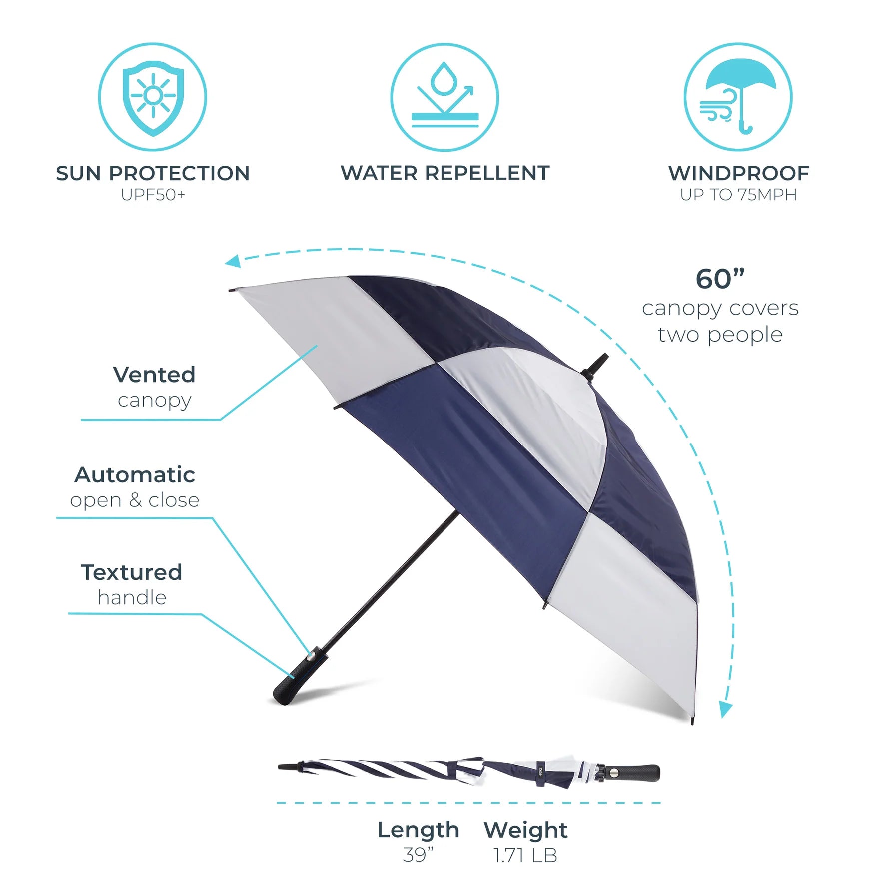 Totes Vented Golf Stick Umbrella with Wind & Sun Protection