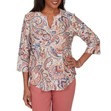 Alfred Dunner Womens Paisley Split Neck Knit Top