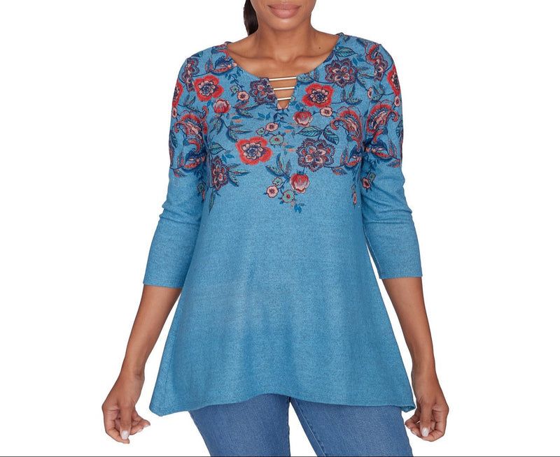 Ruby Rd. Womens Floral Vine Sharkbite 3/4 Sleeve Top