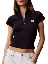 Calvin Klein Womens Woven Monologo Rib Quarter Zip Top