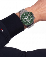 Tommy Hilfiger Mens Bank 44mm Chronograph Green Dial Silver-Tone Watch