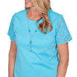 Ruby Road Womens Solid Eyelet Sleeve Tee With Necklace